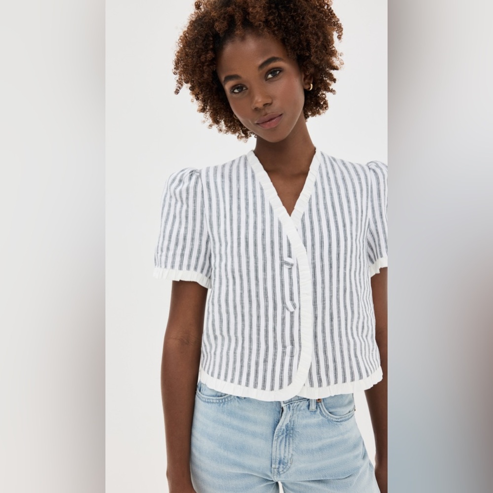 NEW Reformation Bess Linen Top Blue Stripe Short Sleeve Button Front Size S